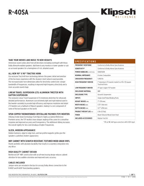 Klipsch R-40SA Dolby Atmos Surround Speakers (Pair)